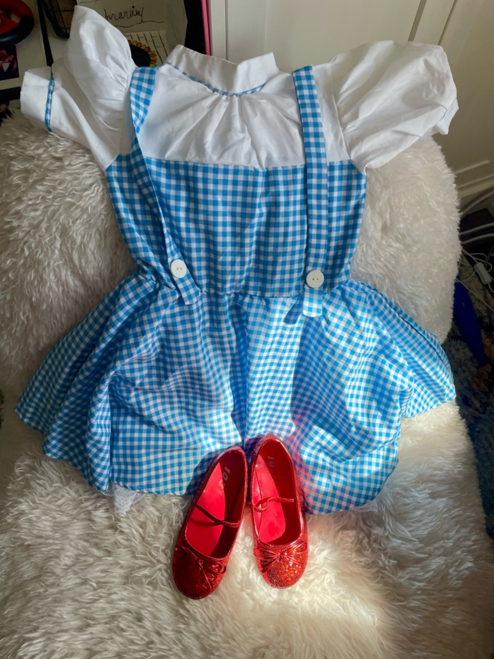 Blue Gingham Girls' Suspender Dress with White Blouse Small, Shoes 13